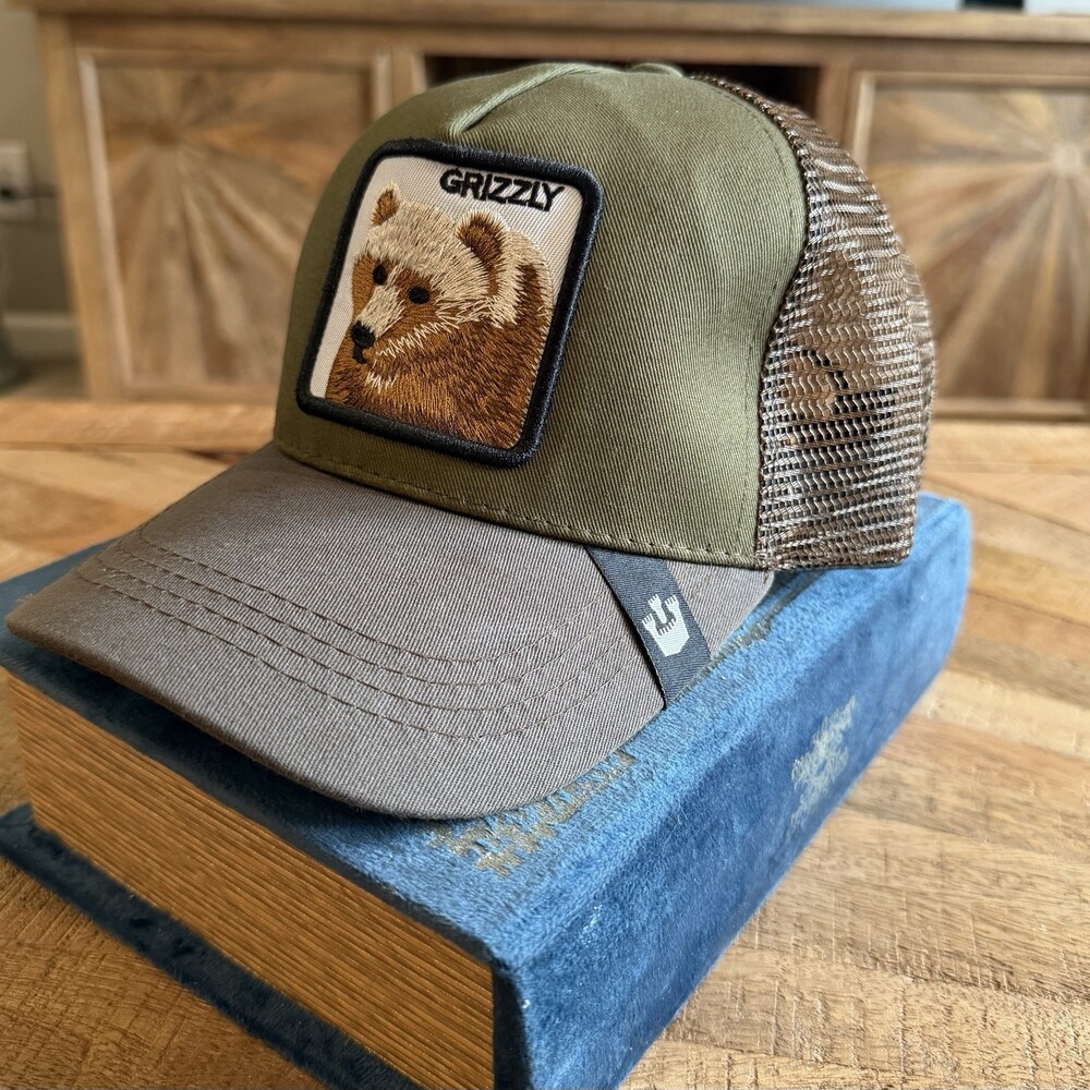 Goorin Bros Grizzly Trucker Hat Olive Green Grey Animal Farm Bear Snapback Cap